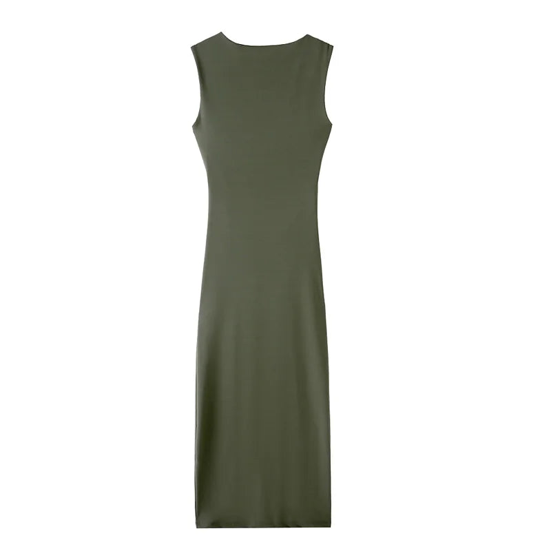 HXAO Green Women's Dress Sleeveless Black Midi Dress Ruched Party Long Dresses 2025 Woman Bodycon Summer Holiday Dresses 088
