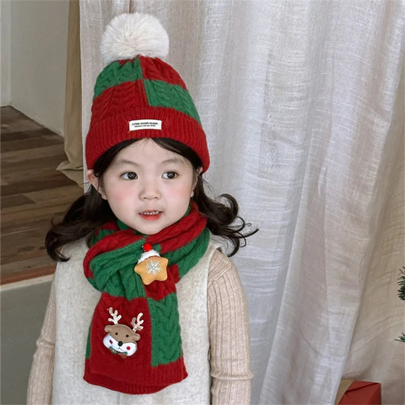 Kids' Christmas Knitted Wool 2in1 Scarf & Beanie Set - Winter Warm, Festive Decor, Unisex