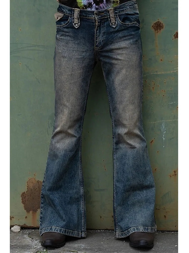 Men's Flare Jeans Vintage Solid Straight Jeans Men punk style Button Denim Flare Pants Streetwear Trousers S-3XL