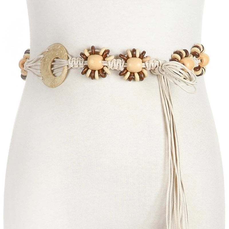 652F Women Braided Waist Belt Vintage Thin Bohemian Belts with Beads Decors Decorative Cool Girls Dress Shirt Waist Belt
