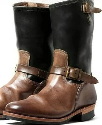 Men's Boots PU Leather Boots Retro Outdoor Western Cowboy Boots Round Toe Belt Buckle Mid-Calf Boot Slip on Plus Size Long Boot