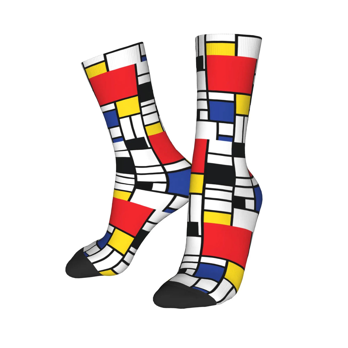 Custom Color Art Retro Mondrian Men Women Crew Socks Unisex Fashion 3D Printed Abstract Art Plaid Dress Socks