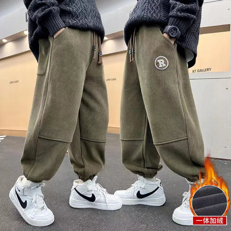 Korean Style Winter Warm Pants Children Sweatpants Thicken Corduroy Boys Casual Pants Boys Sport Pants Kids Loose Long Trousers