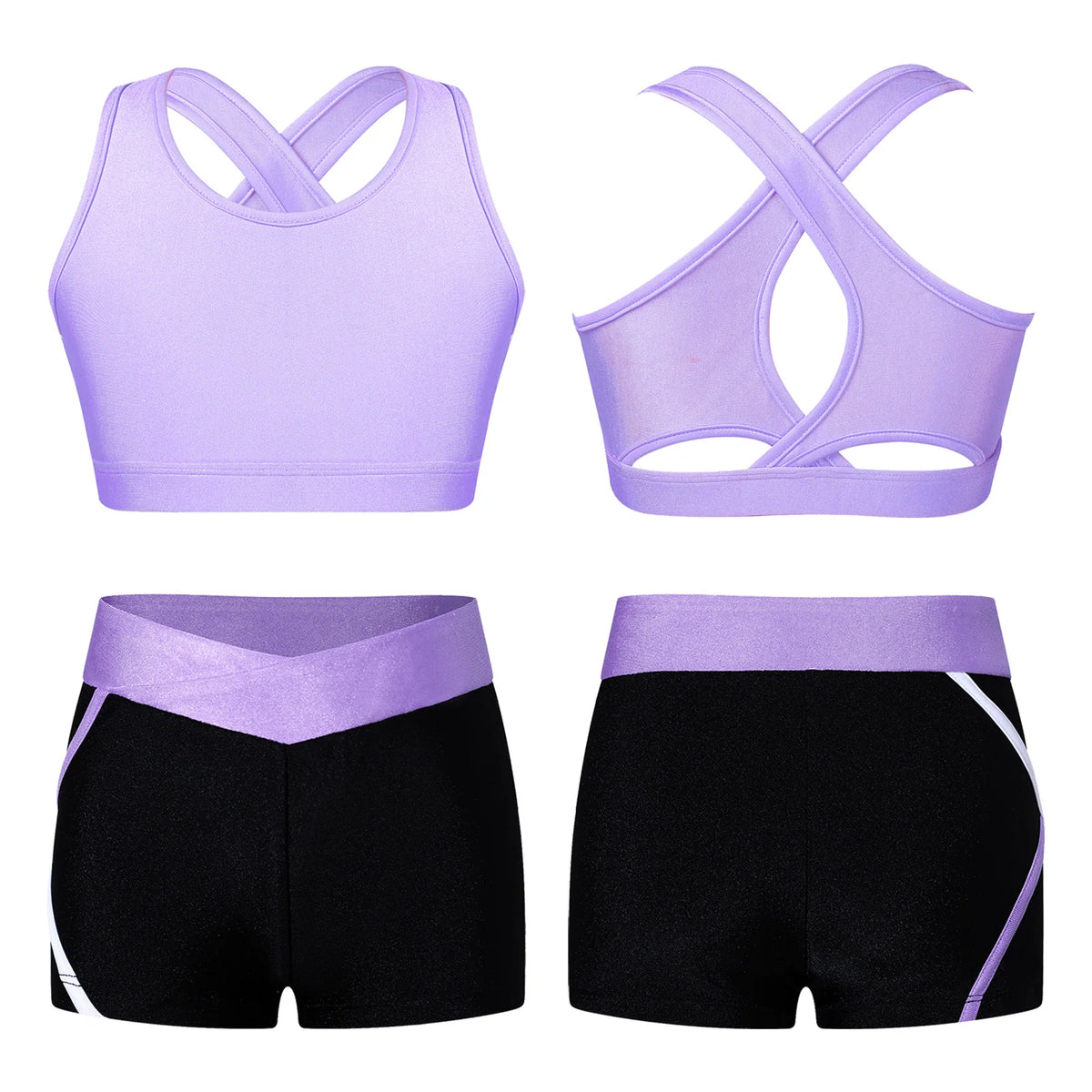 Kids Girls Summer Sports Set Sleeveless Cross Rear Crop Top with Low Rise Shorts Gymnastics Yoga Fitness Cycling Dance Outfits