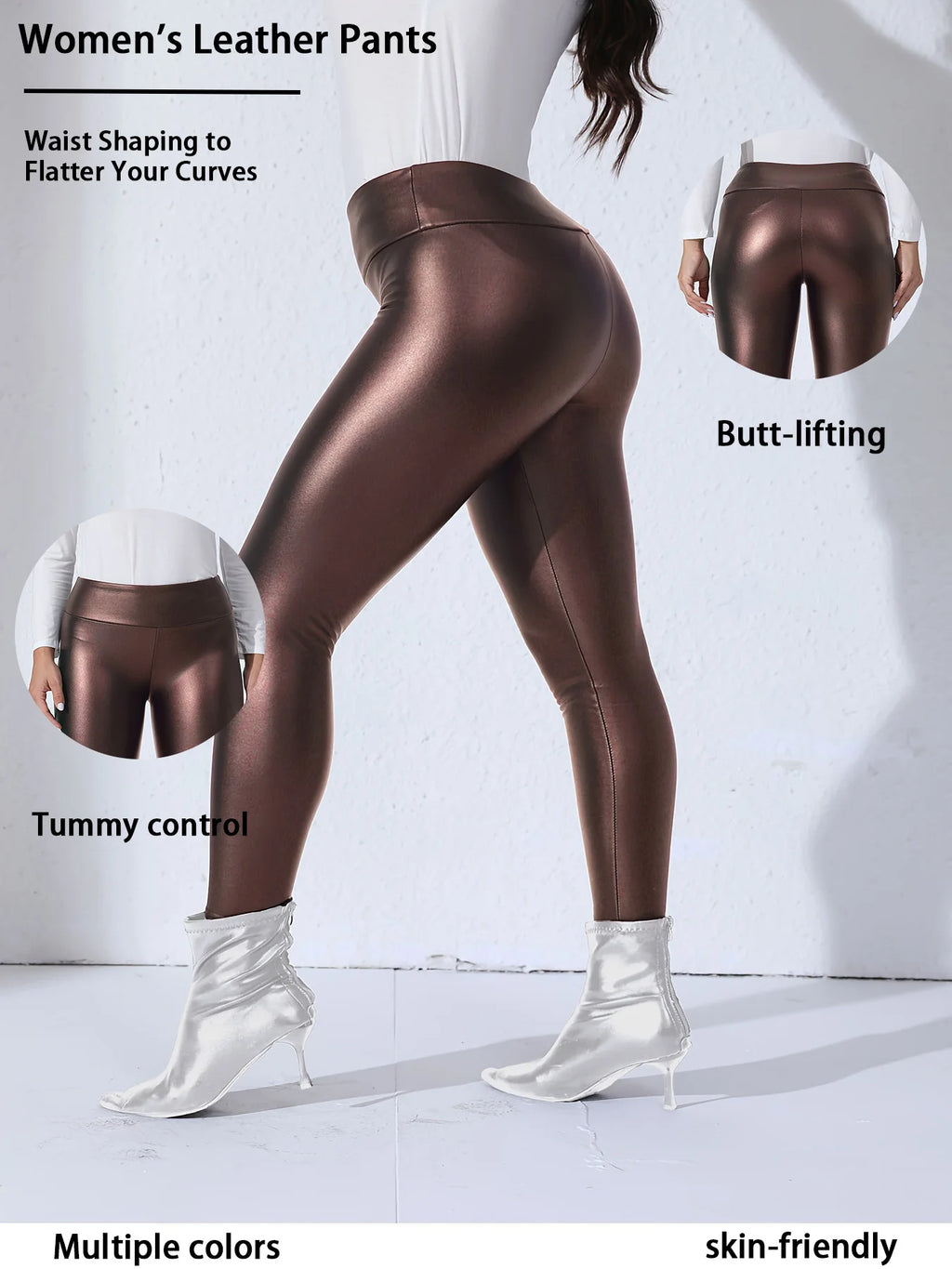 Women PU Leather Fleece-lined Leggings With Pockets Elastic Slim Skinny Pants High Waist Daily Trendy Casual Trousers