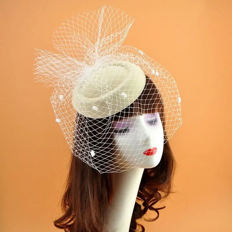 Fascinator Hats for Women Pillbox Cap with Plush Polka Dot Mesh Veil and Hair Clip Cocktail Tea Party Headwear Headdress