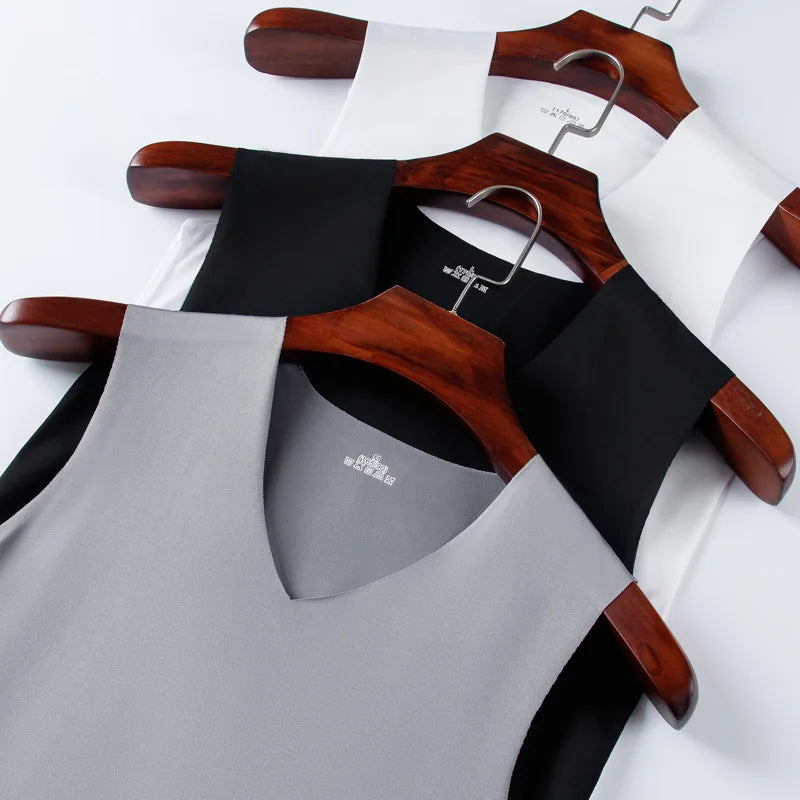 Men's Vests Summer Ice Silk V Neck Sleeveless Solid Color Slim Seamless Fitness Tank Tops QXMY-02024002