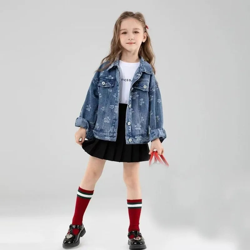 Girls Denim Jackets New Kids Fashion Cartoon Outerwear Children Long Sleeve Casual Clothing 4-14 Years Teenager Trends Coats