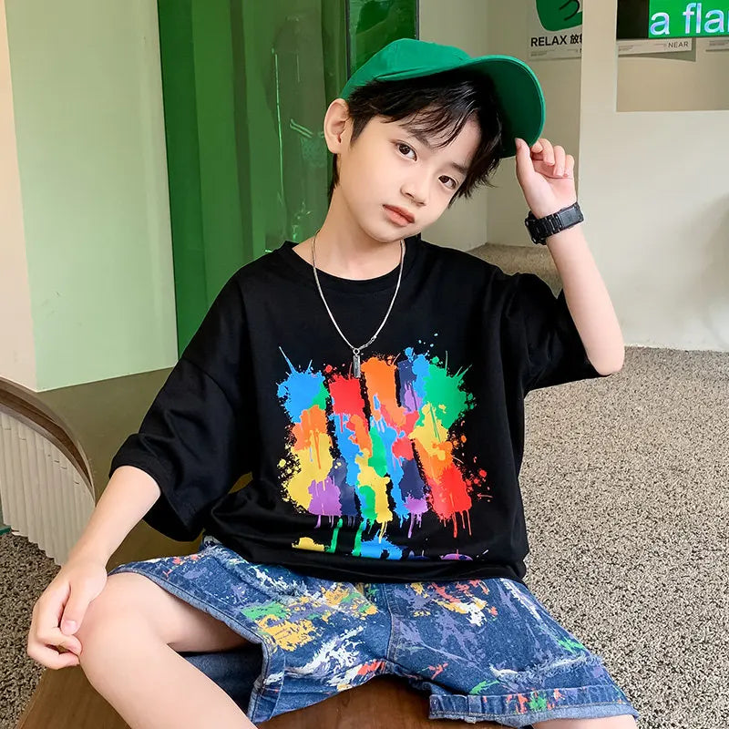 New Arrivals Tshirts for Boys Kid Korean Casual Painting Print Graffiti Pattern Children's Clothes Cotton Loose Student T-Shirts