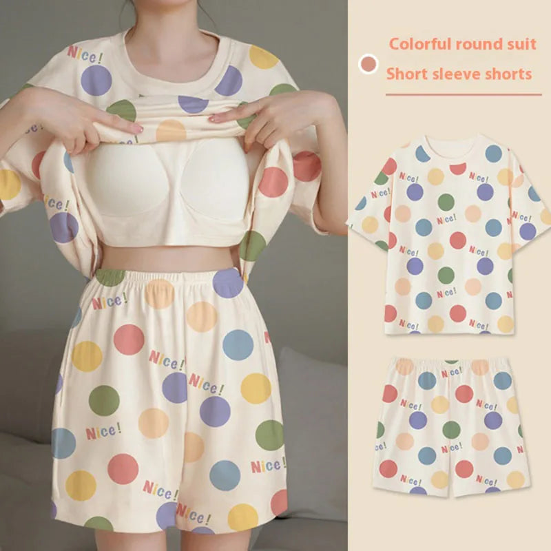 Pajamas Female Short-Sleeved Set of Sweet with Chest Cushion Korean Version of the Cartoon Students Casual Home Wear Loose Large