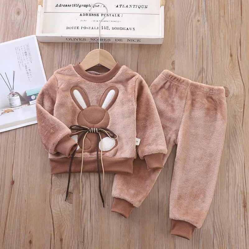 2PCS Autumn Winter Boys Girls Clothes Pajamas Set Thick Flannel Toddler Child Warm Cartoon Rabbit Sleepwear Kids Home Suit 0-6Y