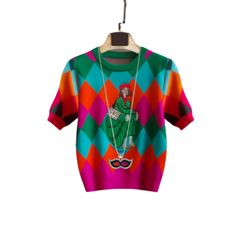 Summer Sequines Knitted T Shirt Women Fashion Casual Cartoon O-Neck Short Sleeve Sweater Pullover Ladies Tops Tees