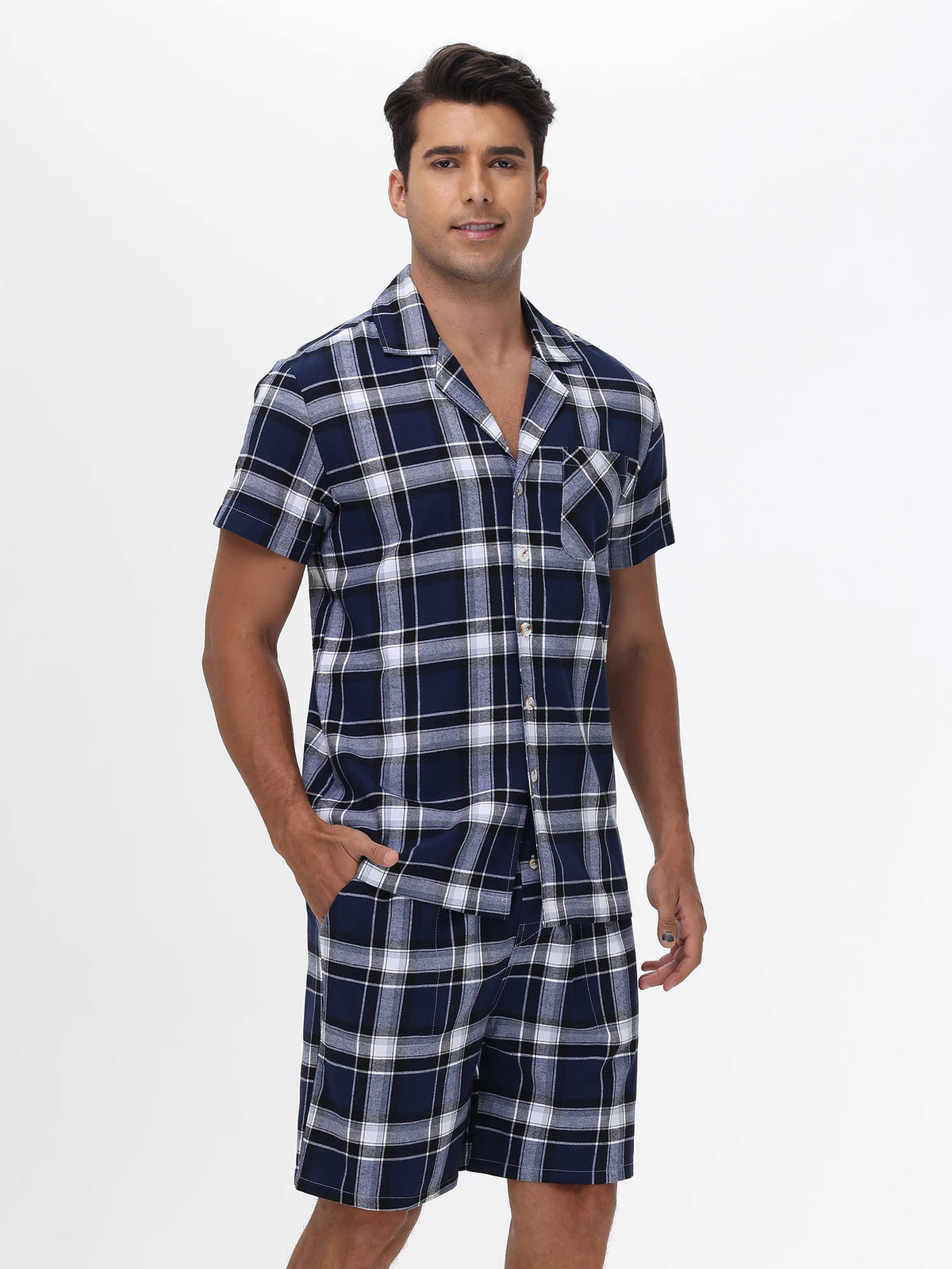 Men Summer Short Pajama Set, 2Pcs 100% Cotton Breathable Crop Pajama Short Sets Bottoms & Tops Cozy Suit for Home Outdoor