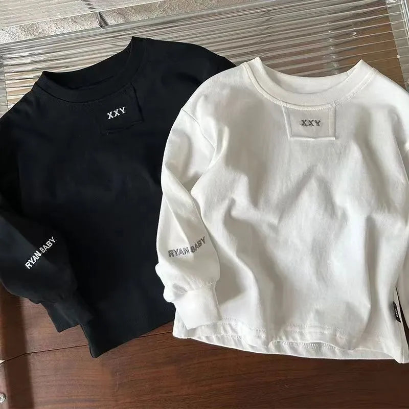 Kid Boy Girl Solid Color Sweatshirt Letter Embroidery Children Daily Long Sleeves Comfortable Wear Combed Cotton Top Fashion