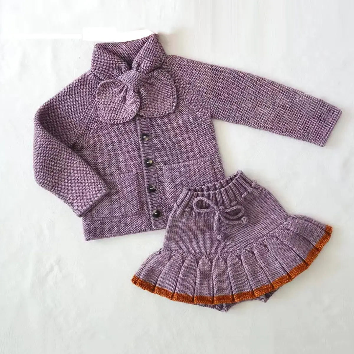 Girls Sweater Set 2026 New Autumn Winter Purple Heart Bow Knit Sweater Skirt Pants 2 Piece Set Kids Fashion Outfit