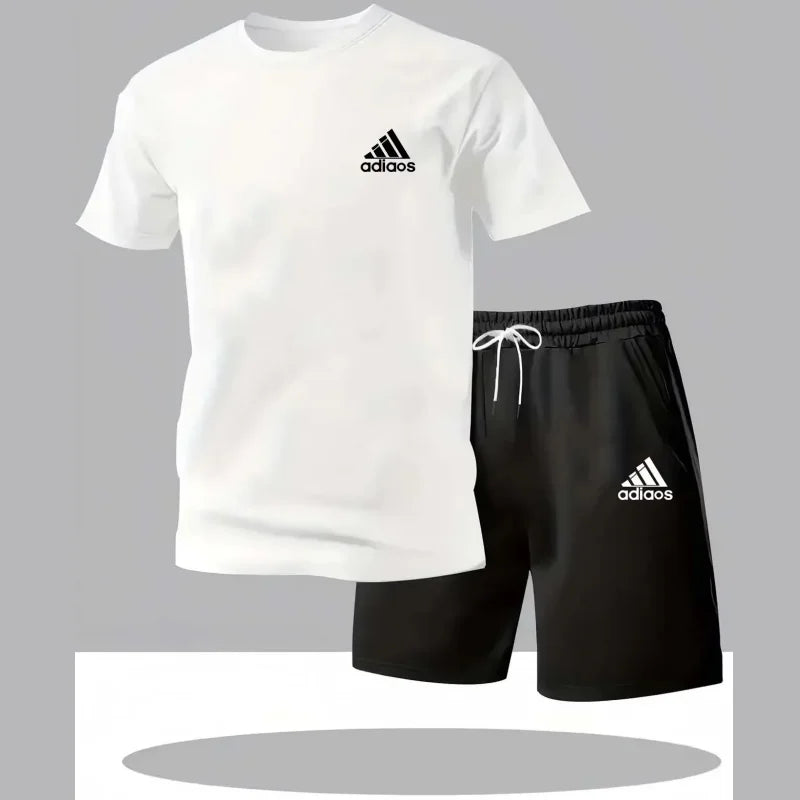 New summer fitness sportswear for men, short-sleeved T-shirt and shorts two-piece set, breathable and quick-drying casual wear.