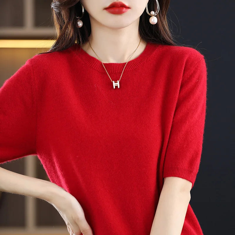 2025 New Spring Summer Women Sweater Short Sleeve O-Neck Pullover 100% Merino Wool Pure Color Knitted Jumper Female Clothing