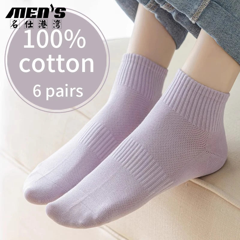 6 pairs of short socks for women, 100% cotton, sweat absorbing, summer thin design, mesh breathable, sports, short tube, low top