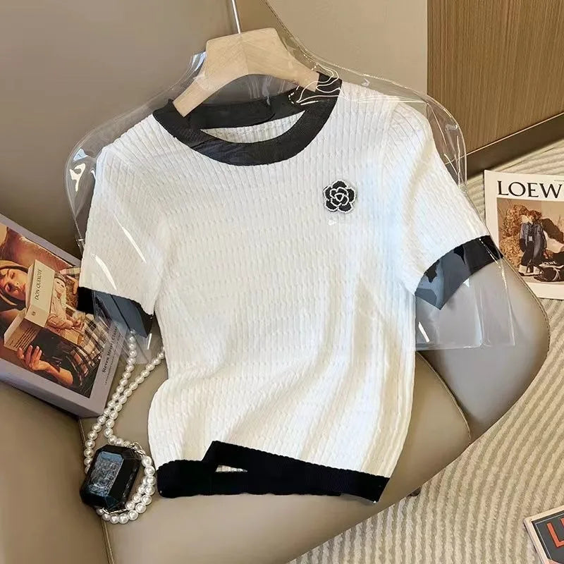 Summer Knitted T-Shirt Women's Round Neck Short Sleeve Loose Sweater Luxury Designer Rose Flower Embroidered Top Women's Clothes