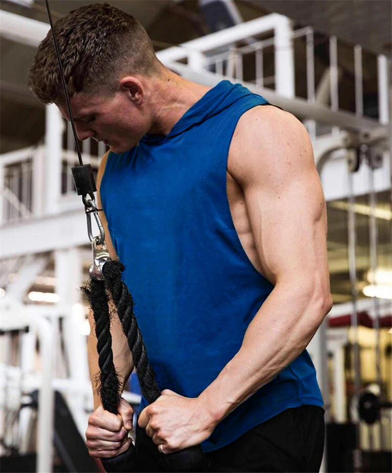 Plain Men's Gym Tank TopSinglets Bodybuilding Stringer Muscle Vest Hoodies Fitness Sleeveless Hooded T Shirt Cut Off Sports