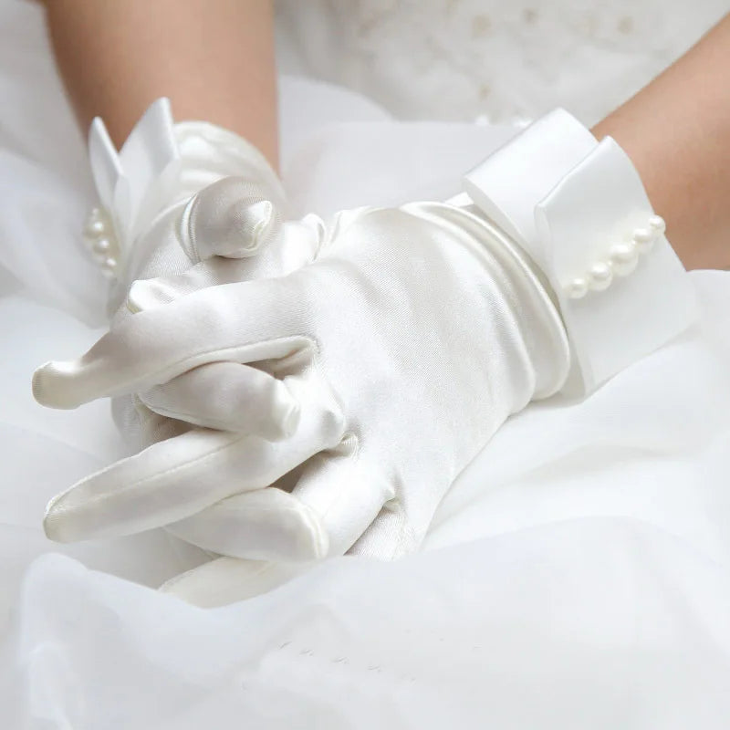 Women Girl White Prom Pageant Wrist Brides Satin Short Bow Gloves Bead Party Communion Wedding Evening Halloween Costume Cosplay