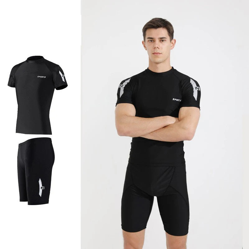 Swimwear Men 2 Piece Sets Tight Elastic Shorts Shirts Swimsuit Surf Board Bathing Suit Rash Guards Wetsuits Sports Beachwear New