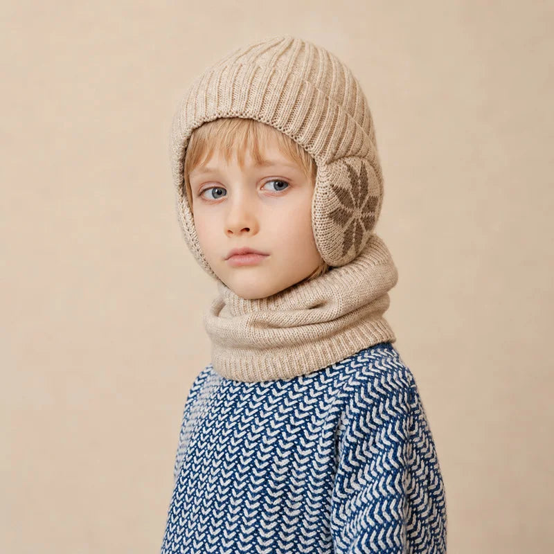 Kids Winter Knitted Hat Scarf Set for Boys Girls 2Pcs Fleece Lined Warm Earflaps Children Beanie Cap Neck Warmer for 4-10Y