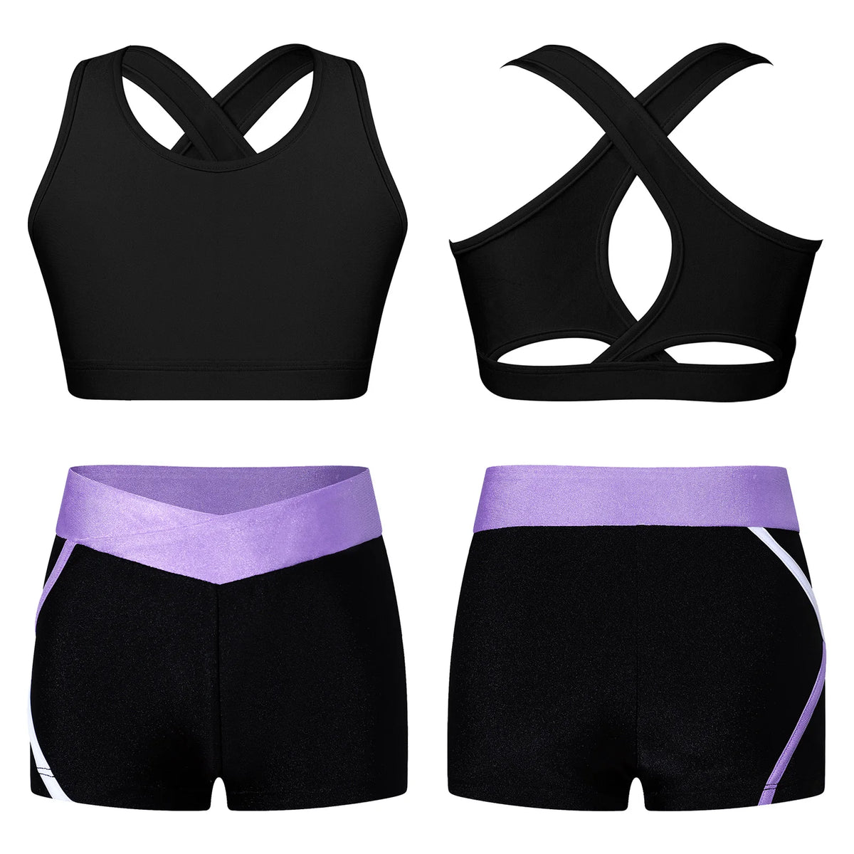 Kids Girls Summer Sports Set Sleeveless Cross Rear Crop Top with Low Rise Shorts Gymnastics Yoga Fitness Cycling Dance Outfits