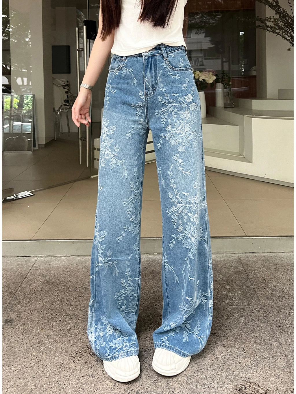 Women's Embroidered Floral Wide Leg Jeans High Waist Slim Fit Straight Cut Summer New Sle Thin Version Casual Denim Pants
