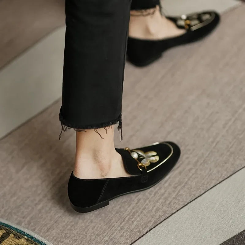 Women Shoes Flat Shoes Loafers Comfortable Work Flats Shoe loafers Female New 2024 Spring Autumn Pearl Embroidered Bee