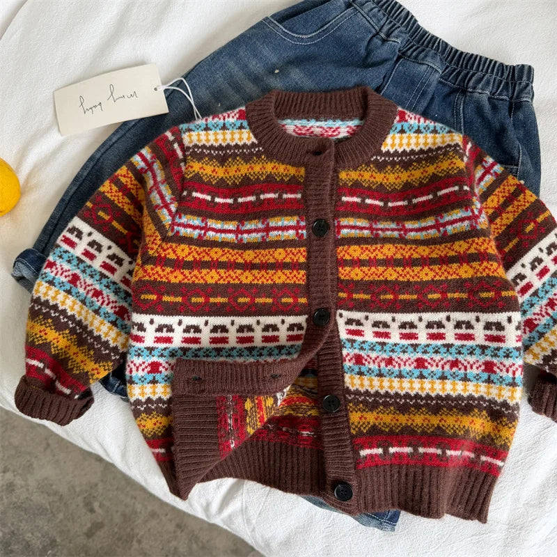 Children's Sweater 2026 Spring and Autumn Winter New Boys' and Girls' Color blocked Sweater Cardigan Baby Retro Knitted Coat