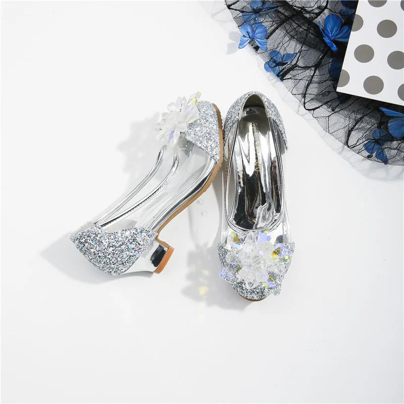 Pink Blue Princess Dance Shoes for Girls Low Heels for Kids Birthday Party Glitter Crystal Diamond Shoe Child Gown Leather Shoes