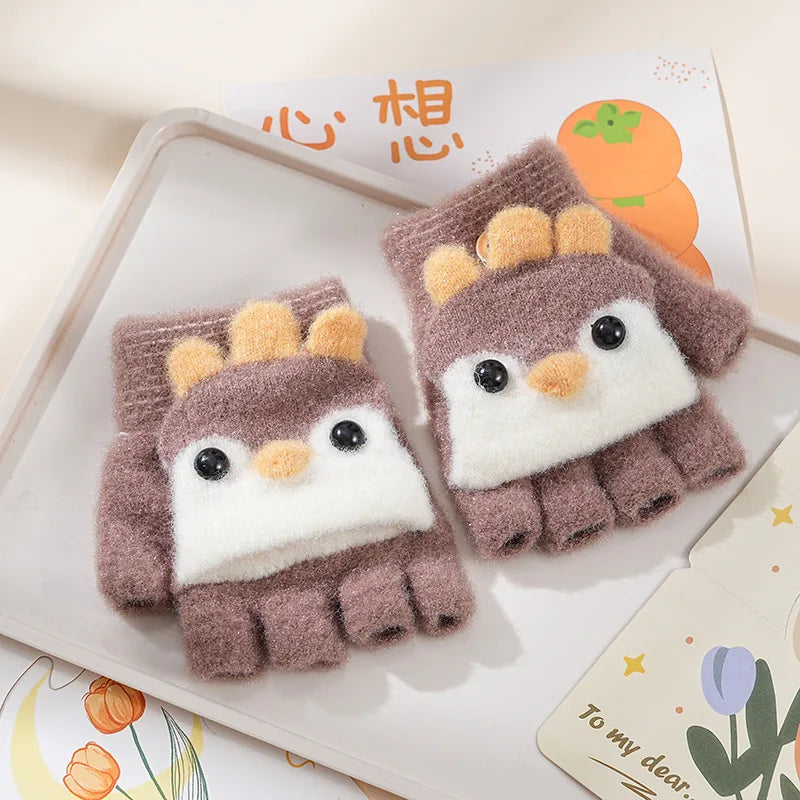 Children's Warm Gloves for Boys and Girls Cartoon Cute Half Finger Knitted Winter Flip Cover Baby Thick Cold Proof Five Fingers