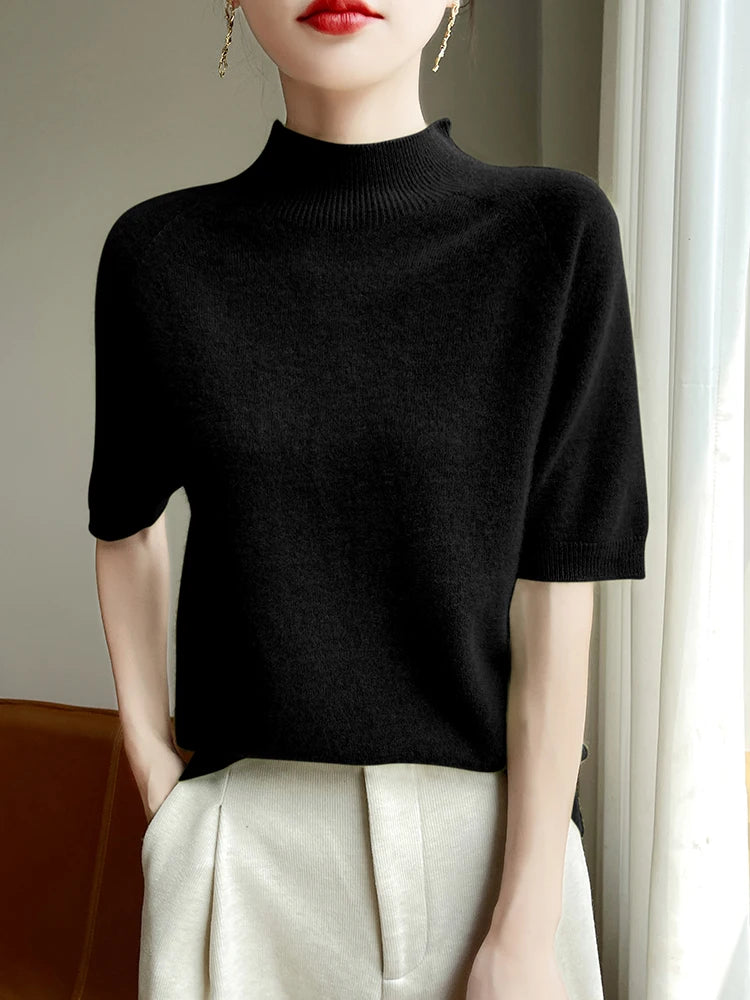 Short Sleeve Women Sweater Basics 30% Merino Wool Female Knitted Pullover Summer Clothing Tops Solid Casual Mock Neck T Shirts