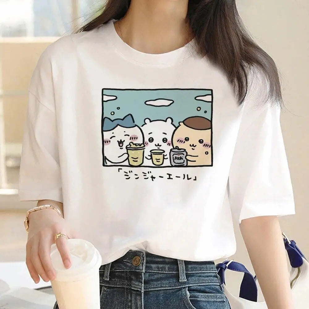 Kawaii Chiikawa Drinking Party T‑shirt Hachiware Usagi Kurimanju Cartoon Print Casual Loose Short Sleeve Tee Summer Unisex Tops