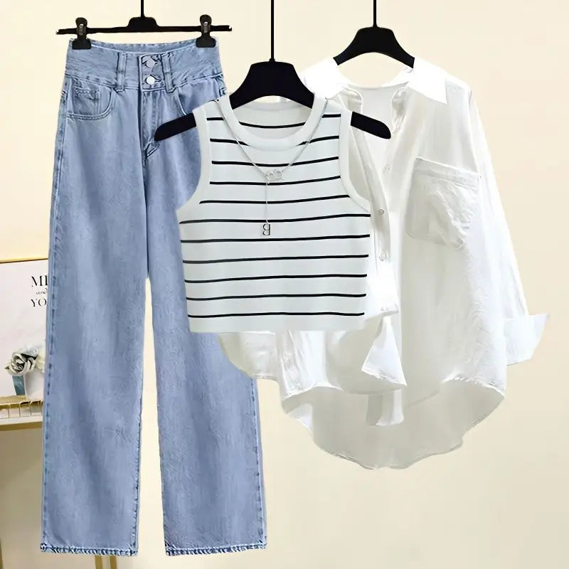 Women 2025 Spring Summer New Casual Denim Wide Leg Pants Matching Set Korean Elegant Sunscreen Shirt+Vest+Jeans Three Piece Suit