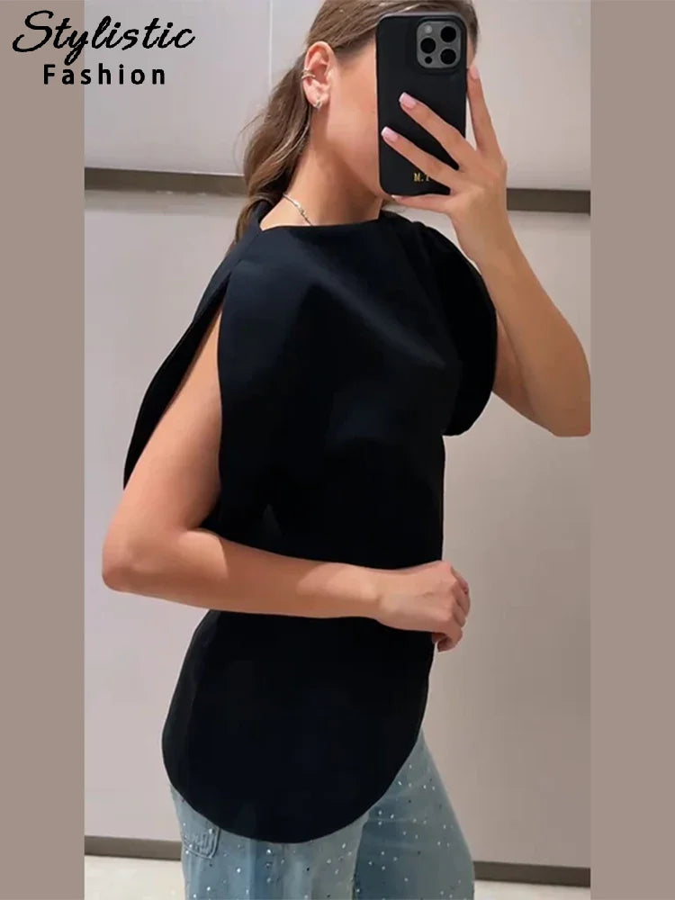 Elegant Short Puff Sleeve Shirt Women Asymmetry O-neck Waist-closed Zipper Black Blouse 2026 Spring Autumn Evening Tops Lady