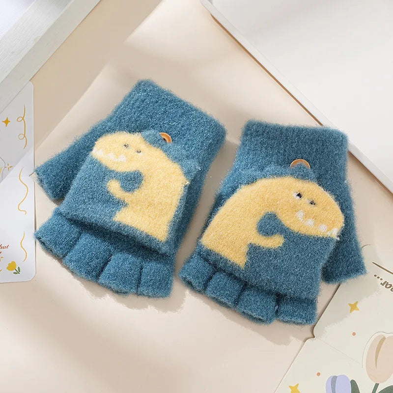 Children's Warm Gloves for Boys and Girls Cartoon Cute Half Finger Knitted Winter Flip Cover Baby Thick Cold Proof Five Fingers