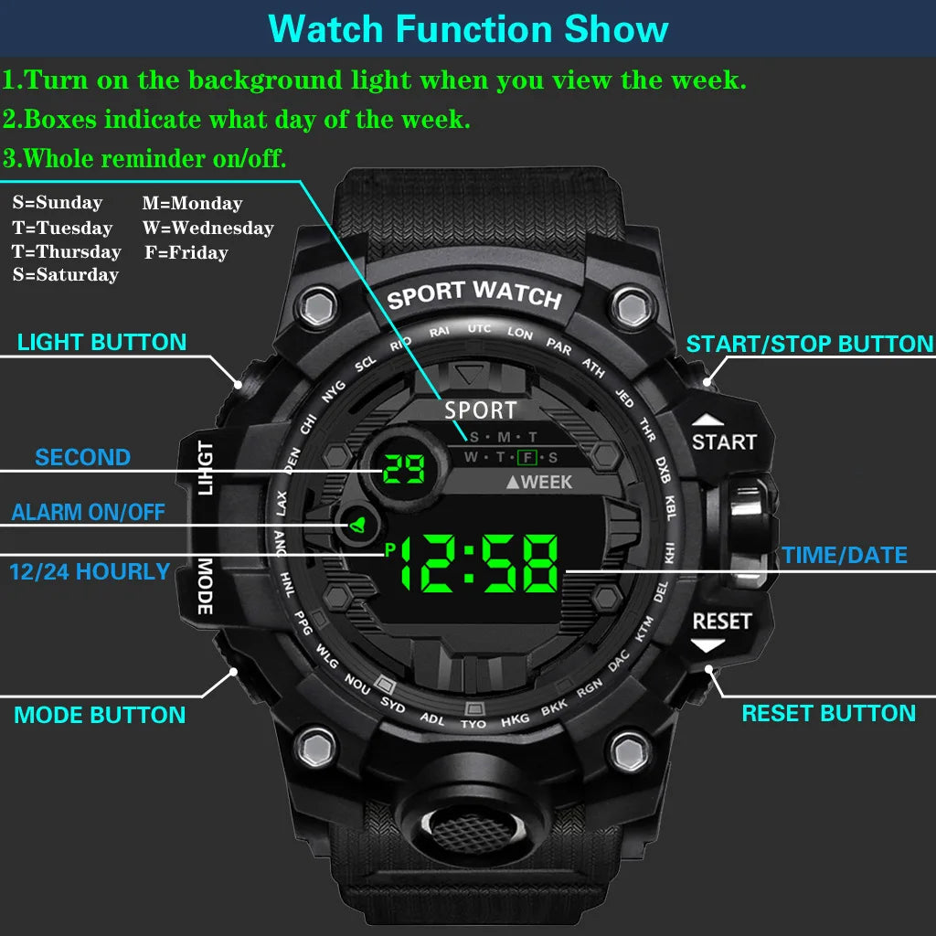 Men's Watch Fashion Sports Electronic Wristwatch Large Dial Multifunctional Waterproof Luminous Alarm Kids Male's Military Watch