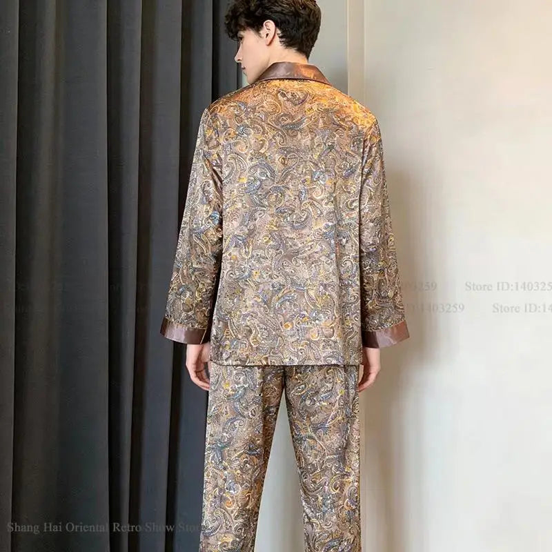 Plus Size Men's Pajamas 2PCS Sleepwear Set Fashion Print Silk Satin Trouser Pijamas Suit Spring New Male Home Clothes Loungewear