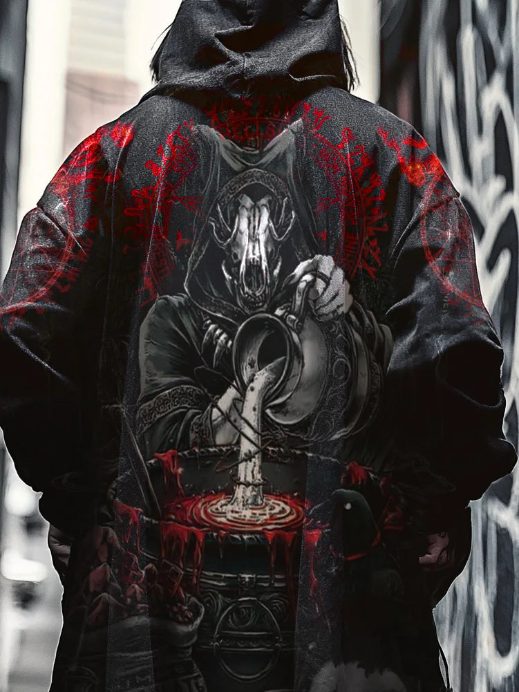 New style hoodie2025Cross-border European and American Style Men's Hoodie Cardigan Tough Guy No Zipper Printed Halloween Hooded