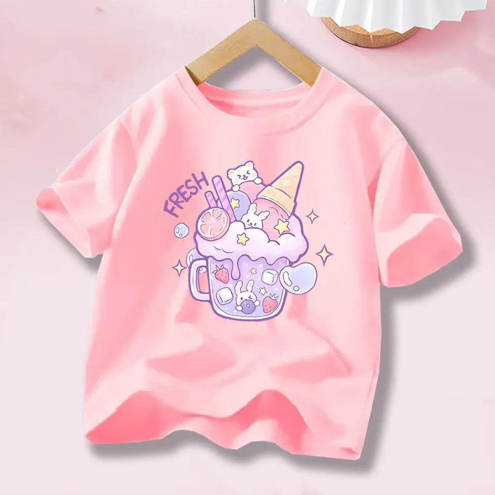 Kids' Short Sleeve Cartoon T - Shirt Fresh Dessert & Animals  Cartoon Print Casual Top Kawaii Summer Clothes  YLXX1