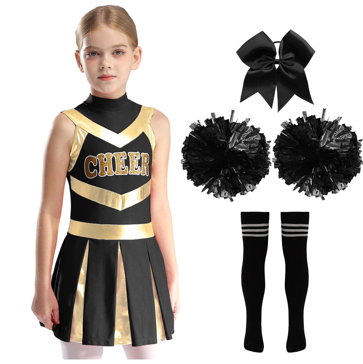 Kids Girl Cheerleading Dance Performance Costume Sleeveless Leotard Dress for School Show Sports Meeting Halloween Cosplay Party
