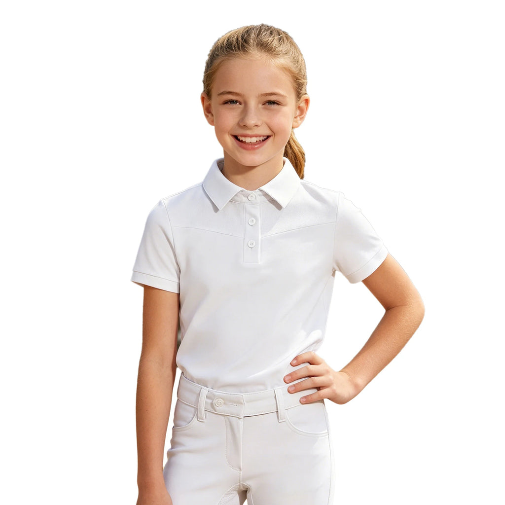 Kids Girls Horse Riding Shirts Short Sleeve Turn Down Collar Buttons T-shirt Closure Design Equestrian Costumes Sports Tops