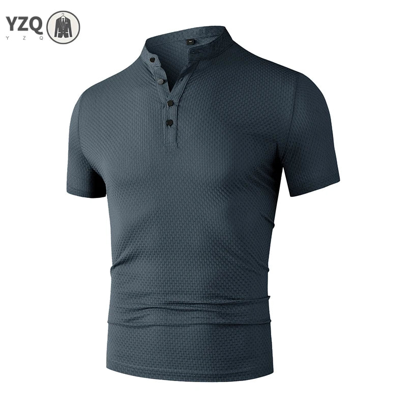 Men's Business Casual Short Sleeve POLO Shirt Bone Flower Solid Color Breathable Comfortable Fashion Summer Versatile Top