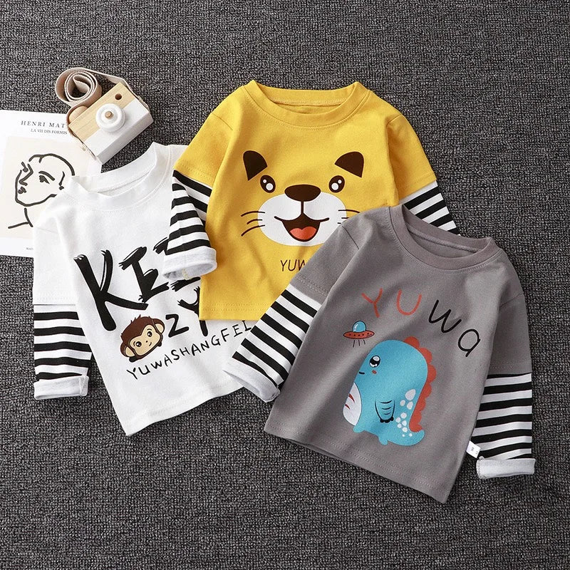 Kids Spring Autumn Long Sleeve Tops Boys Girls Cute Cartoon Shirts Toddler Daily Bottoming Tees Baby Soft Casual Outfits