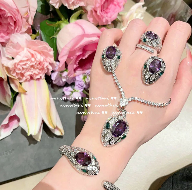 Women's New Fashion 925 Sterling Silver Jewelry Sets for Women Silver Color Luxury Zircon Snakce Necklace/Ring/Earring/Bangle