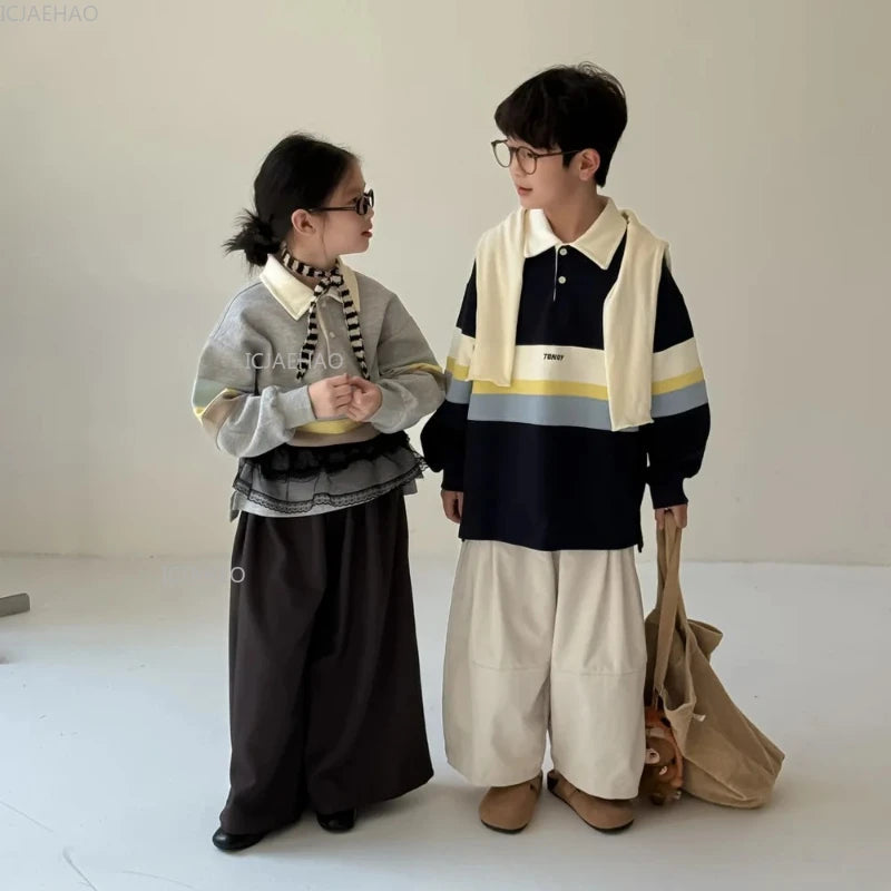Kids Hoodie Autumn Boys Girls Children Korean Style Wide Stripes Letter Print Casual Loose Pullover Collar Sweatshirt Costume