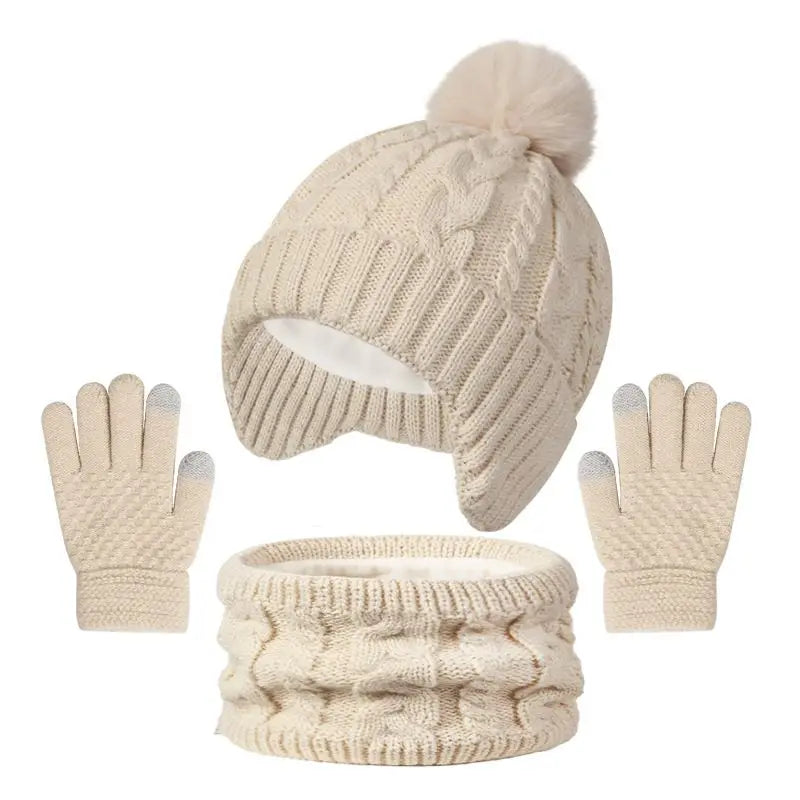 3Pcs/set Children Hat Scarf Gloves Winter Plush Velvet Knitted Hats for Girls Boys Cute Pompom Beanie Kids Warmer Accessories