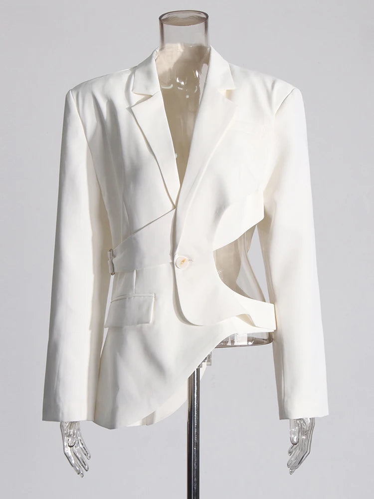 TWOTWINSTYLE Solid Designer Hollow Out Blazer For Women Notched Collar Long Sleeve Patchwork Button Elegant Blazers Female New